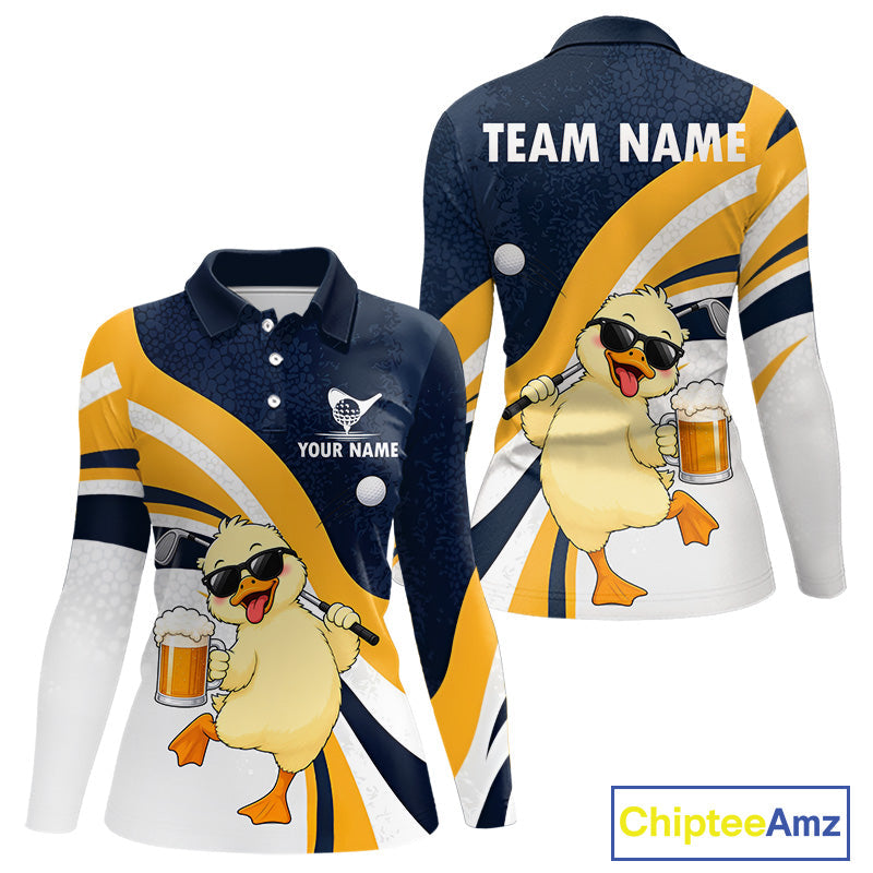 Funny Duck Golf Polo Shirt, Cute Duck With Beer Print Shirt, Golf Gifts