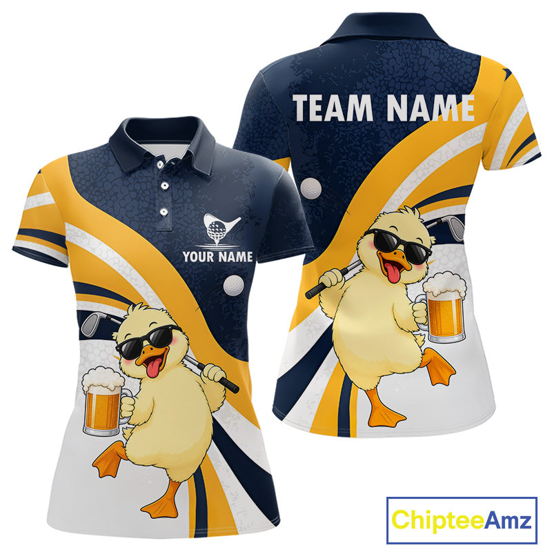 Funny Duck Golf Polo Shirt, Cute Duck With Beer Print Shirt, Golf Gifts