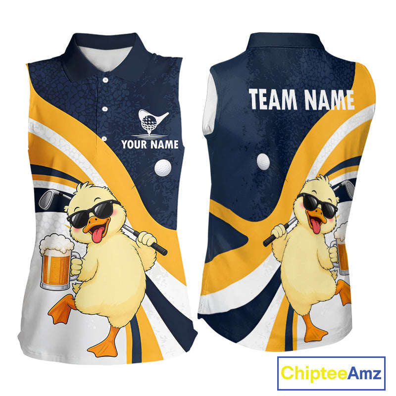 Funny Duck Sleeveless Golf Polo Shirt, Cute Duck With Beer Print Shirt, Golf Gifts