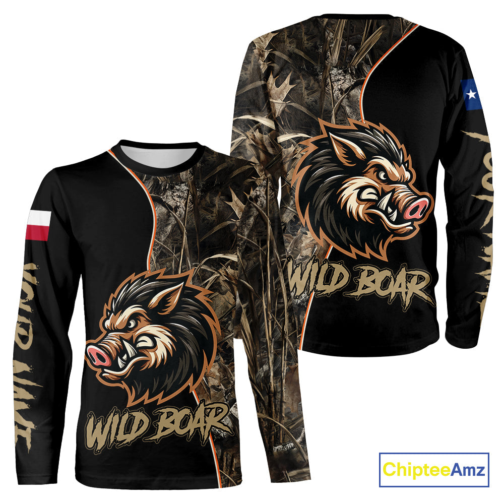Custom Brown Camo with TX Flag Boar Hunting Shirts, Boar Hunting Clothes, Hunting Gifts