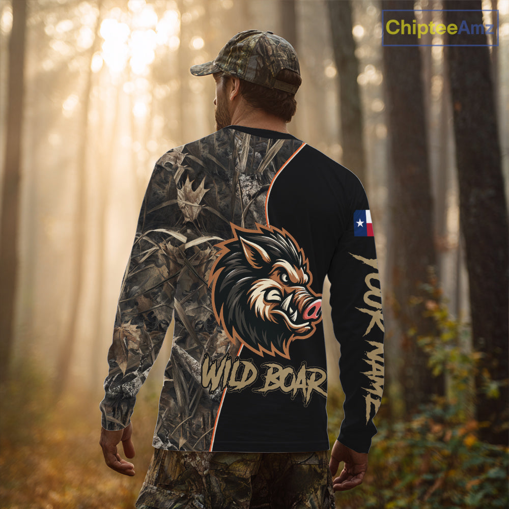 Custom Brown Camo with TX Flag Boar Hunting Shirts, Boar Hunting Clothes, Hunting Gifts