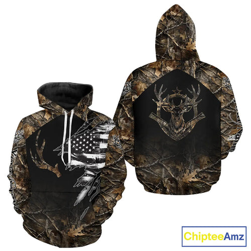 Whitetail Deer Hunting Shirts Personalized Black US Flag Camouflage, Best Gifts for Deer Hunters