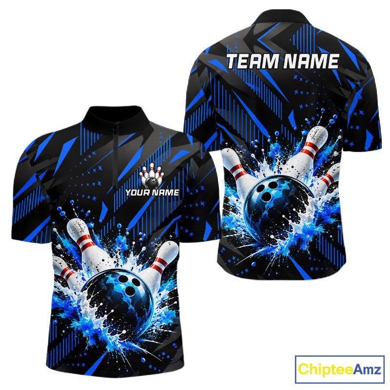 Personalized Blue Bowling Shirts Custom Bowling Team Jersey Quarter-Zip Bowling Shirts
