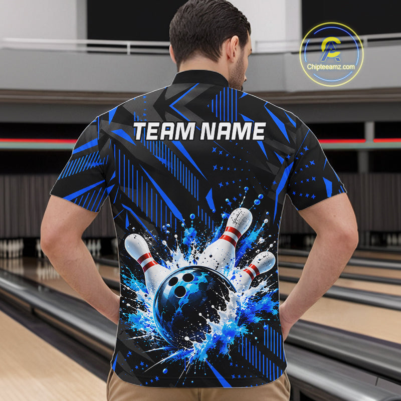 Personalized Blue Bowling Shirts Custom Bowling Team Jersey Quarter-Zip Bowling Shirts