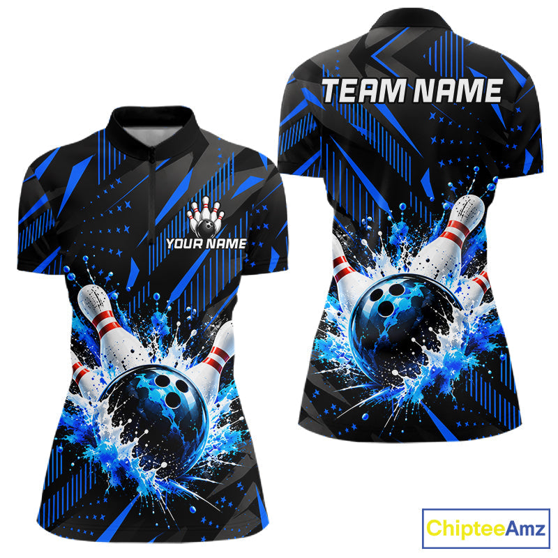 Personalized Blue Bowling Shirts Custom Bowling Team Jersey Quarter-Zip Bowling Shirts