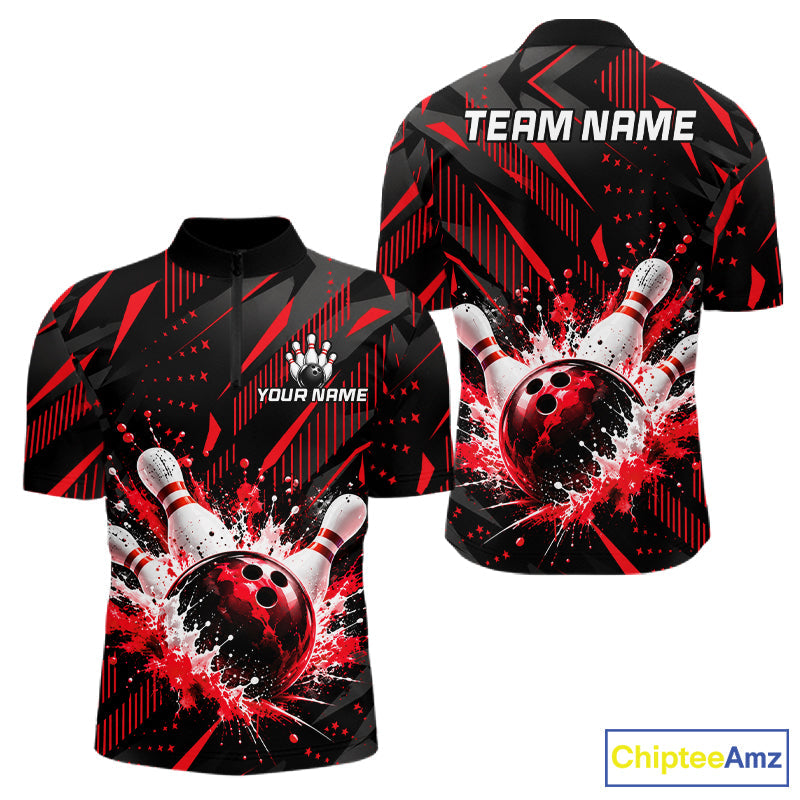 Personalized Red Bowling Shirts Custom Bowling Team Jersey Quarter-Zip Bowling Shirts