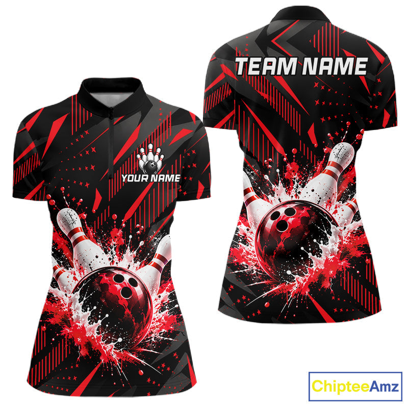 Personalized Red Bowling Shirts Custom Bowling Team Jersey Quarter-Zip Bowling Shirts