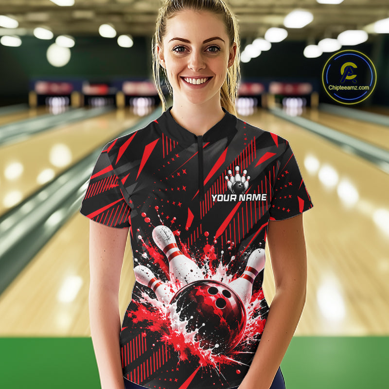 Personalized Red Bowling Shirts Custom Bowling Team Jersey Quarter-Zip Bowling Shirts