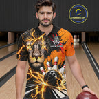 Custom Black And Orange Lion Bowling Polo Quarter Zip Shirts, Lion Team Bowling Jerseys
