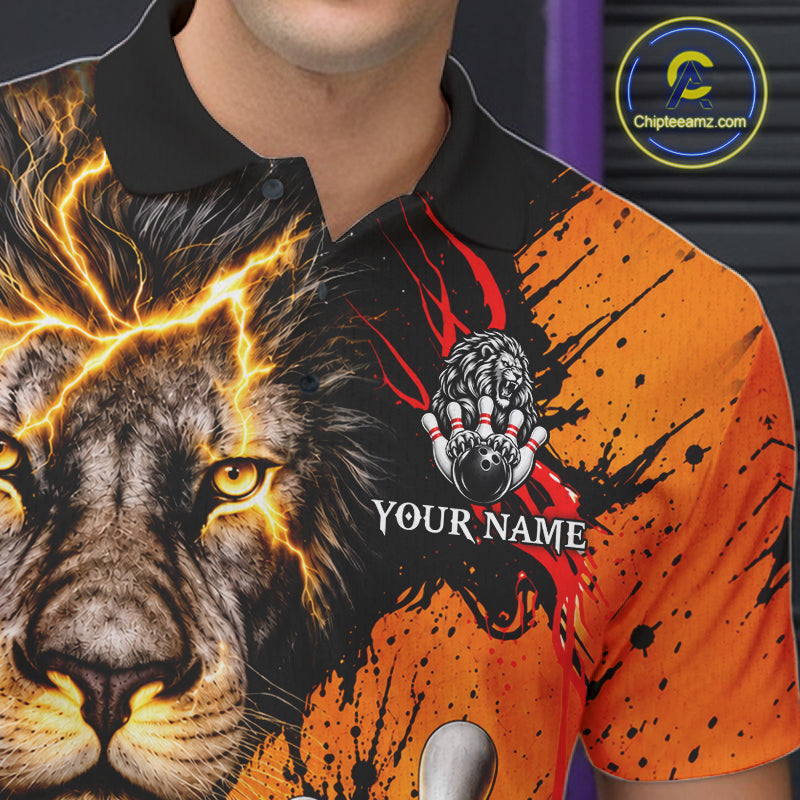 Custom Black And Orange Lion Bowling Polo Quarter Zip Shirts, Lion Team Bowling Jerseys