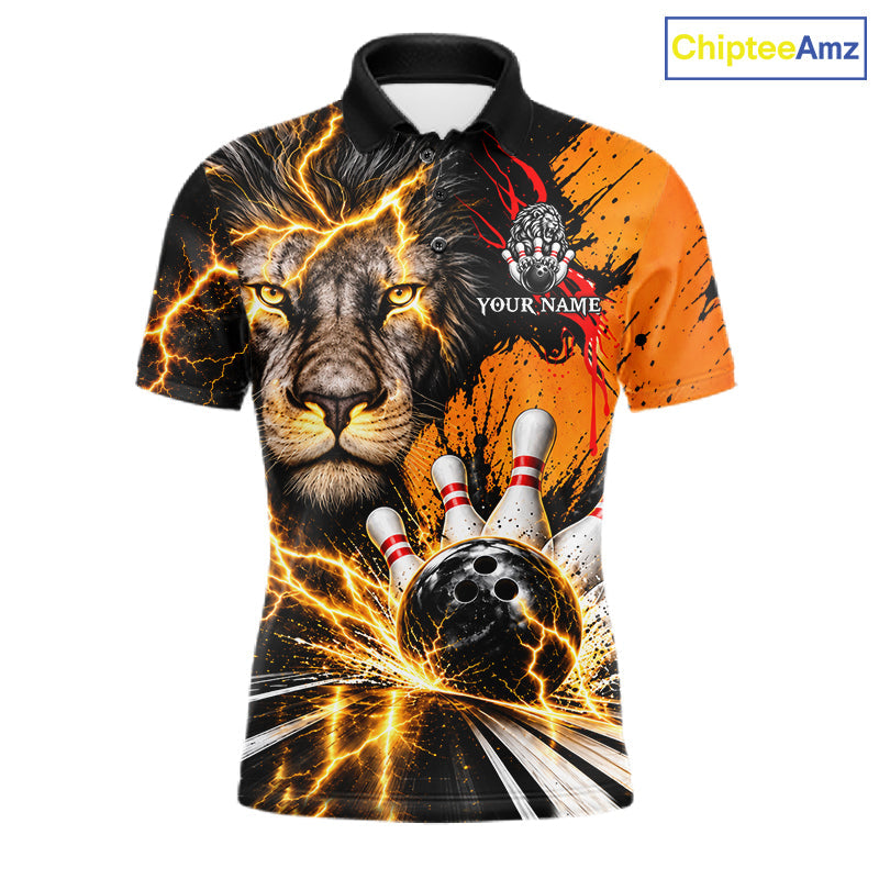 Custom Black And Orange Lion Bowling Polo Quarter Zip Shirts, Lion Team Bowling Jerseys
