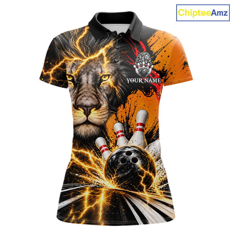 Custom Black And Orange Lion Bowling Polo Quarter Zip Shirts, Lion Team Bowling Jerseys