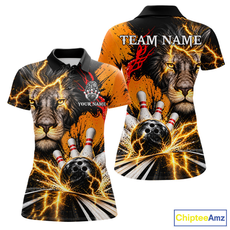 Custom Black And Orange Lion Bowling Polo Quarter Zip Shirts, Lion Team Bowling Jerseys