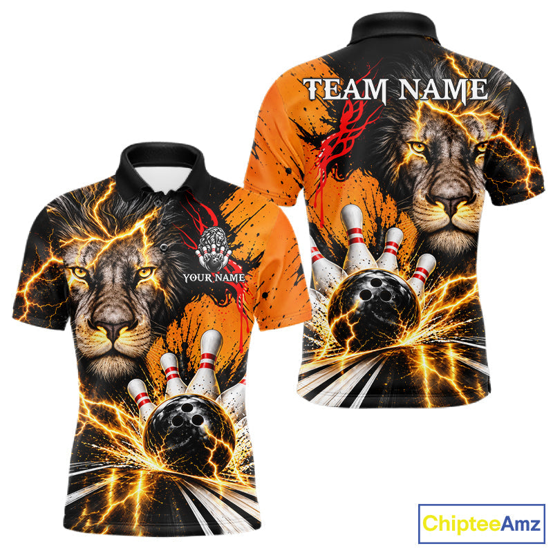Custom Black And Orange Lion Bowling Polo Quarter Zip Shirts, Lion Team Bowling Jerseys