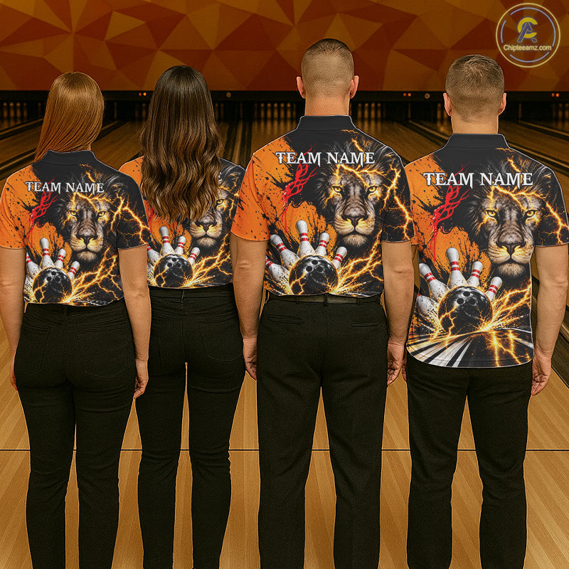Custom Black And Orange Lion Bowling Polo Quarter Zip Shirts, Lion Team Bowling Jerseys