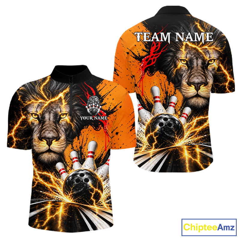 Custom Black And Orange Lion Bowling Polo Quarter Zip Shirts, Lion Team Bowling Jerseys