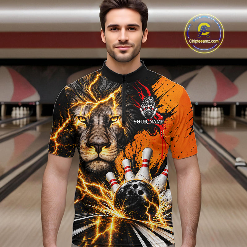 Custom Black And Orange Lion Bowling Polo Quarter Zip Shirts, Lion Team Bowling Jerseys