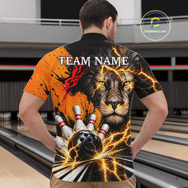 Custom Black And Orange Lion Bowling Polo Quarter Zip Shirts, Lion Team Bowling Jerseys