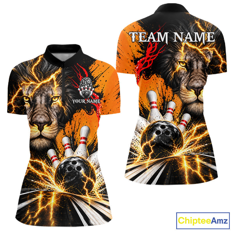 Custom Black And Orange Lion Bowling Polo Quarter Zip Shirts, Lion Team Bowling Jerseys