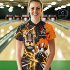 Custom Black And Orange Lion Bowling Polo Quarter Zip Shirts, Lion Team Bowling Jerseys