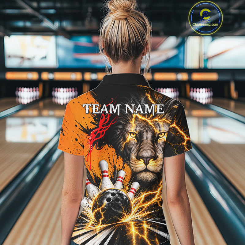 Custom Black And Orange Lion Bowling Polo Quarter Zip Shirts, Lion Team Bowling Jerseys