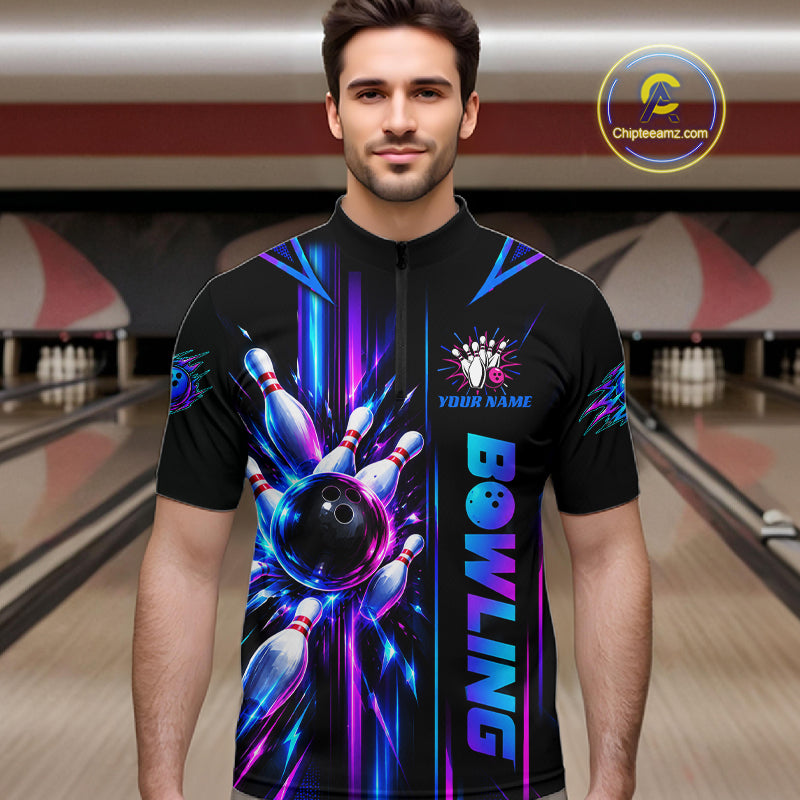 Custom Neon Bowling Polo Quarter Zip Shirt Personalized Team Jersey Bowling League