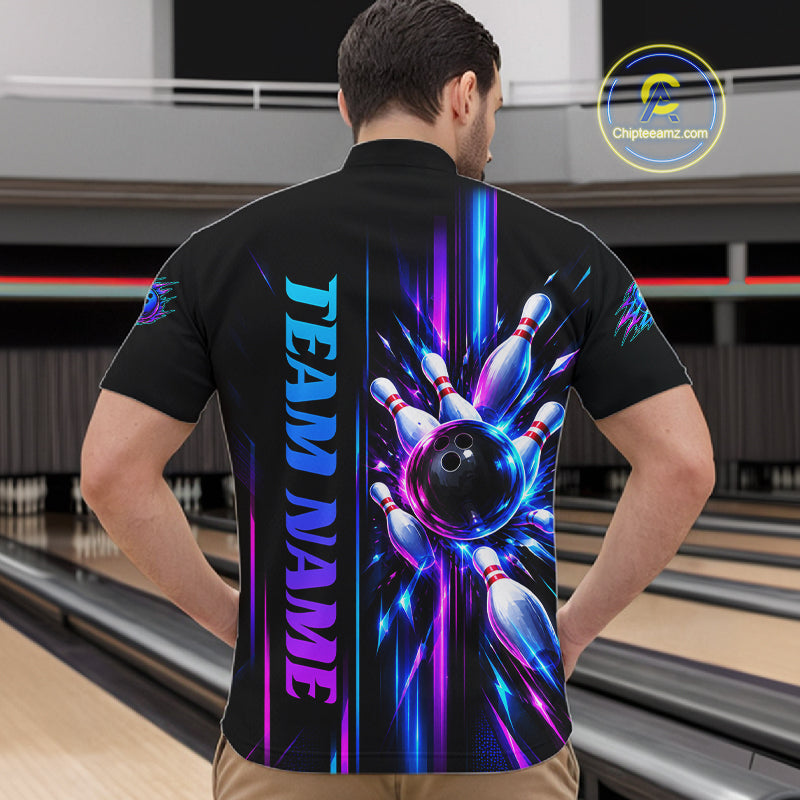 Custom Neon Bowling Polo Quarter Zip Shirt Personalized Team Jersey Bowling League
