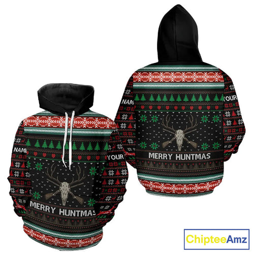 Merry Huntmas Deer Hunting Skull Custom Name Ugly Christmas All Over Printed Shirts, Christmas Gift