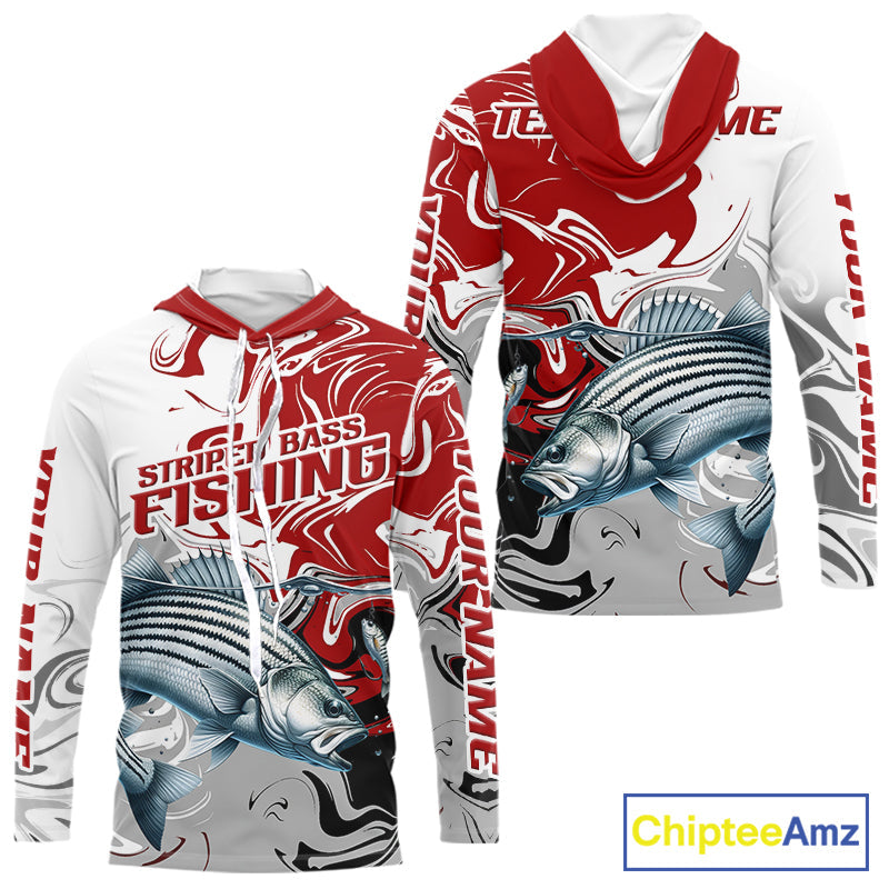 Blue Camo Striped Bass Fishing Hooded Custom Shirts, Striped Bass Team Fishing Jerseys