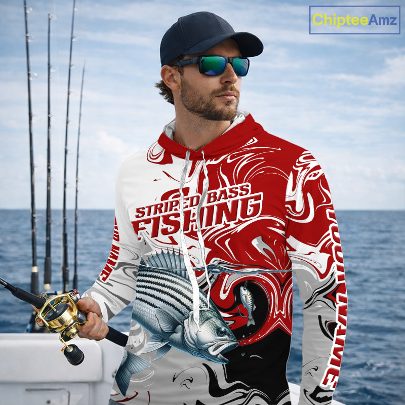 Blue Camo Striped Bass Fishing Hooded Custom Shirts, Striped Bass Team Fishing Jerseys