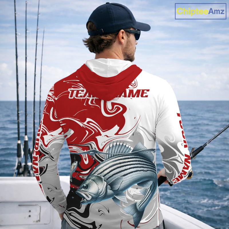 Blue Camo Striped Bass Fishing Hooded Custom Shirts, Striped Bass Team Fishing Jerseys