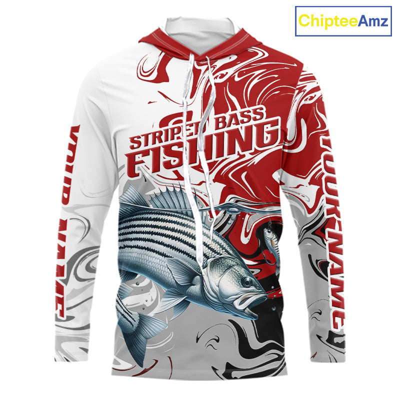 Blue Camo Striped Bass Fishing Hooded Custom Shirts, Striped Bass Team Fishing Jerseys