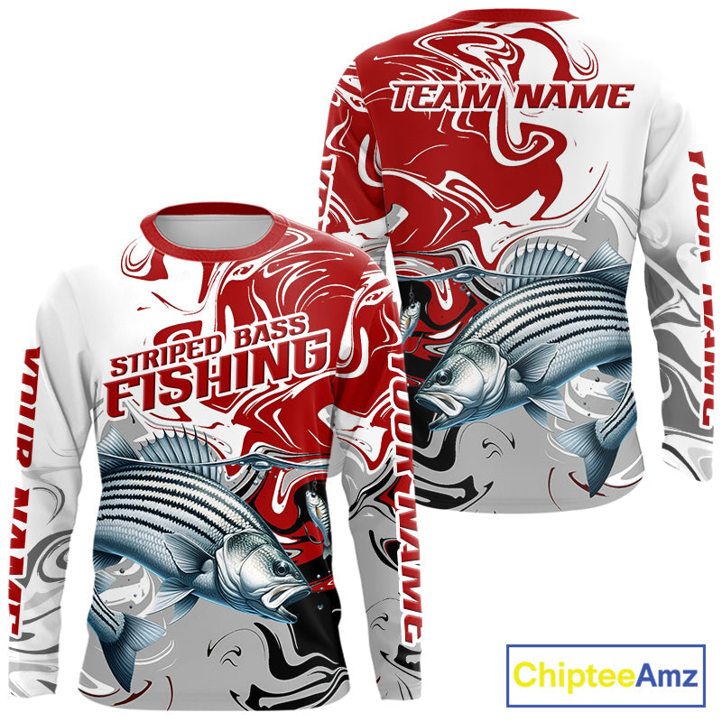 Red Camo Striped Bass Fishing Custom Shirts, Striped Bass Team Fishing Jerseys