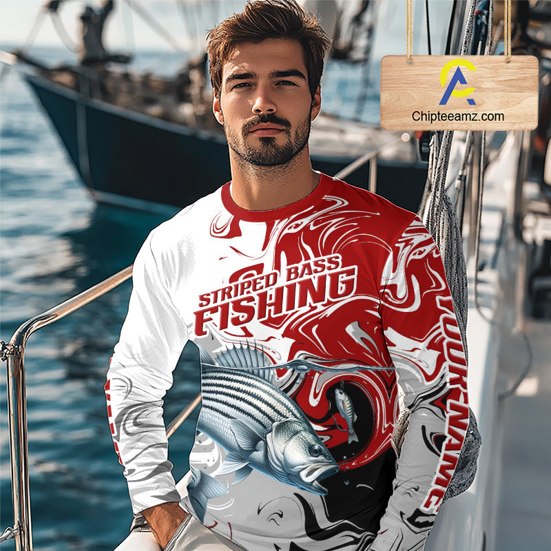 Red Camo Striped Bass Fishing Custom Shirts, Striped Bass Team Fishing Jerseys