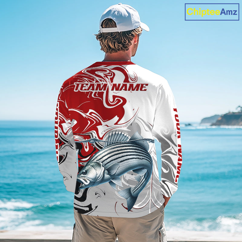 Red Camo Striped Bass Fishing Custom Shirts, Striped Bass Team Fishing Jerseys