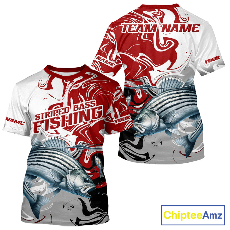 Red Camo Striped Bass Fishing Custom T-Shirts, Striped Bass Team Fishing Jerseys