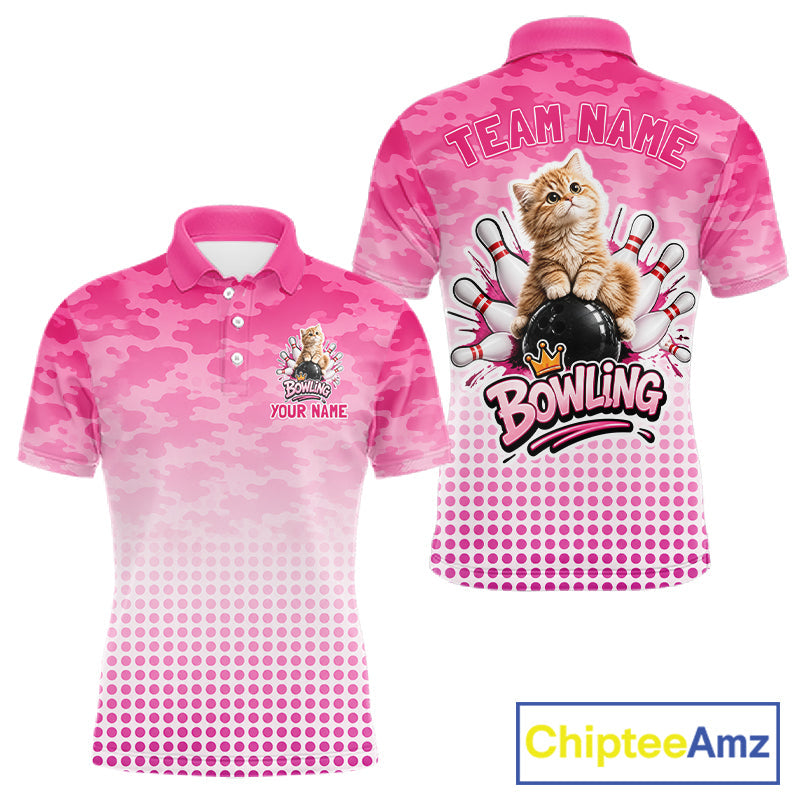 Cute Cat Custom Funny Bowling Polo & 1/4 Zip Shirts, Cat Bowling Team Outfits