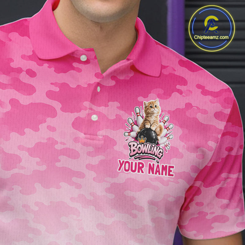 Cute Cat Custom Funny Bowling Polo & 1/4 Zip Shirts, Cat Bowling Team Outfits