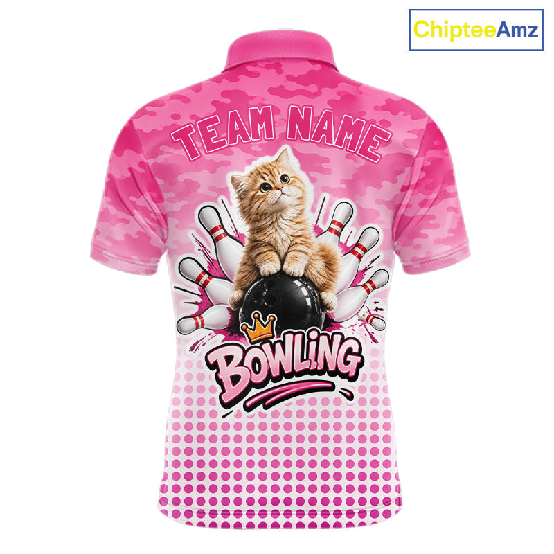 Cute Cat Custom Funny Bowling Polo & 1/4 Zip Shirts, Cat Bowling Team Outfits