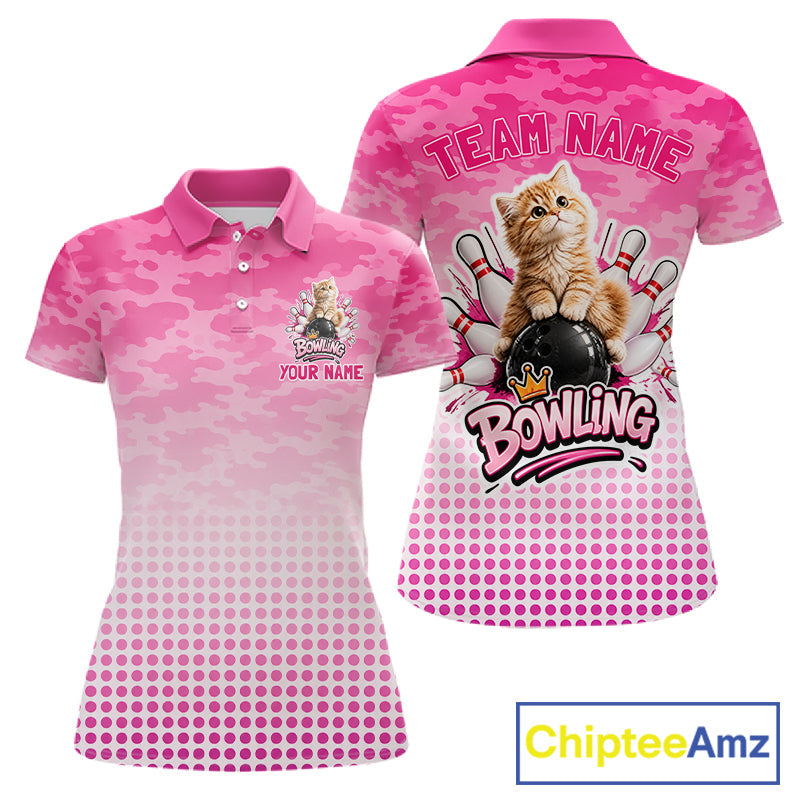 Cute Cat Custom Funny Bowling Polo & 1/4 Zip Shirts, Cat Bowling Team Outfits
