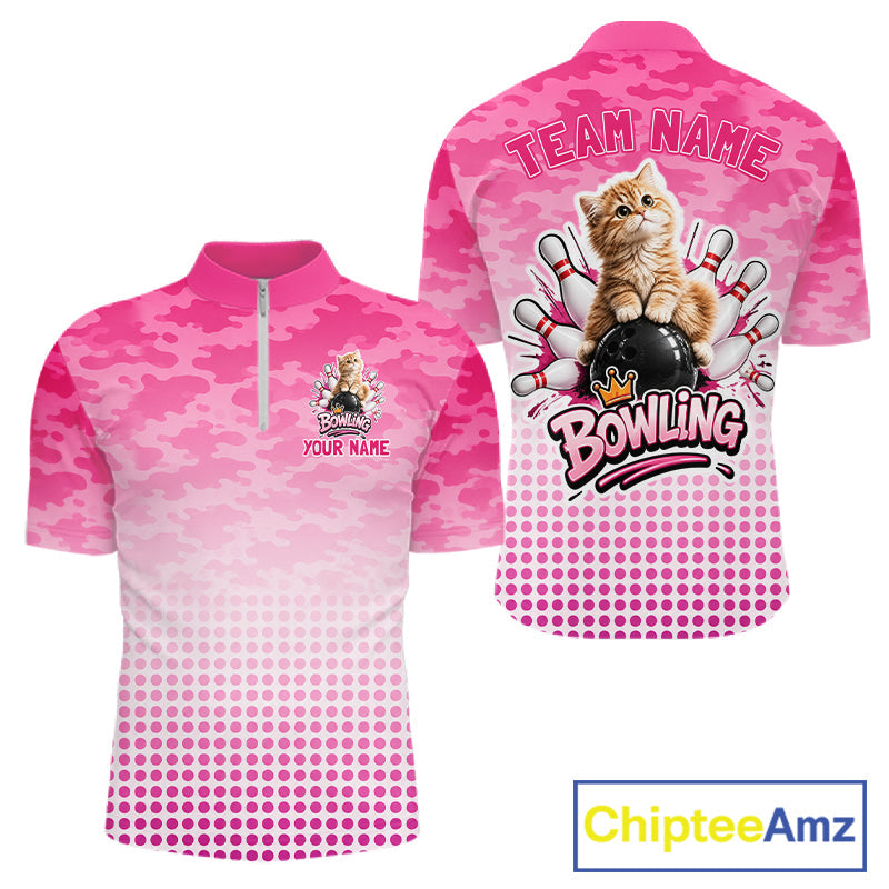 Cute Cat Custom Funny Bowling Polo & 1/4 Zip Shirts, Cat Bowling Team Outfits