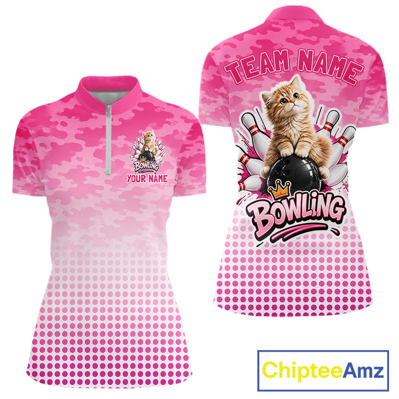 Cute Cat Custom Funny Bowling Polo & 1/4 Zip Shirts, Cat Bowling Team Outfits