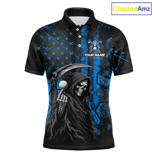 Custom Black And Blue American Flag Skull Reaper Golf Polo Shirt, Team Golf Shirts