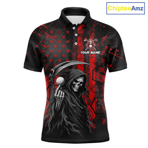 Custom Black And Red American Flag Skull Reaper Golf Polo Shirt, Team Golf Shirts