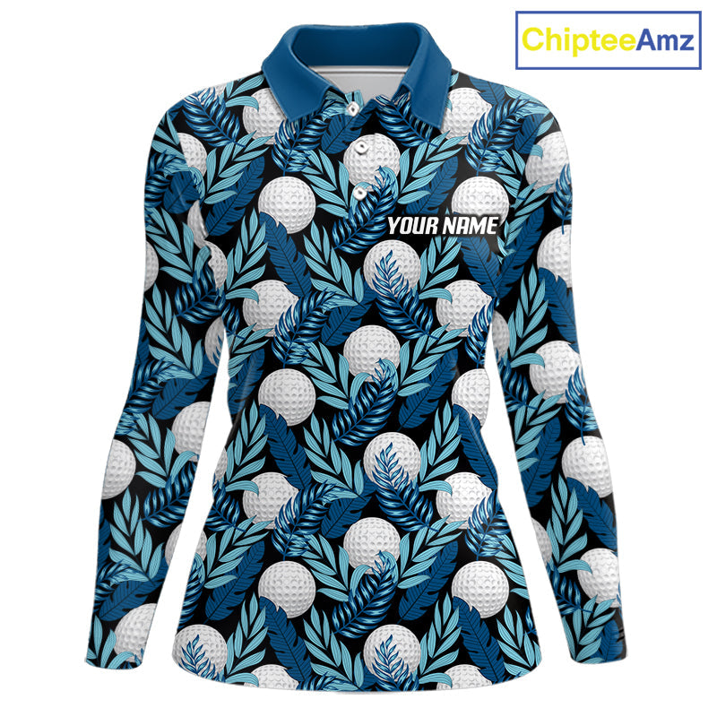 Custom Black Blue Tropical Golf Ball Pattern Polo Golf Shirts, Golf Gifts For Team