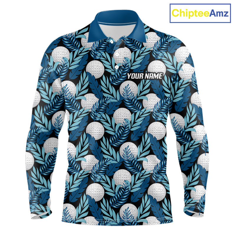 Custom Black Blue Tropical Golf Ball Pattern Polo Golf Shirts, Golf Gifts For Team
