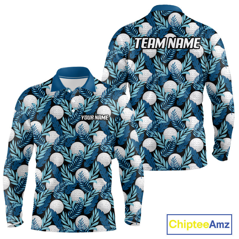 Custom Black Blue Tropical Golf Ball Pattern Polo Golf Shirts, Golf Gifts For Team