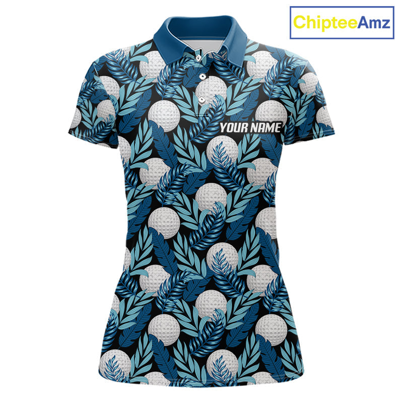 Custom Black Blue Tropical Golf Ball Pattern Polo Golf Shirts, Golf Gifts For Team