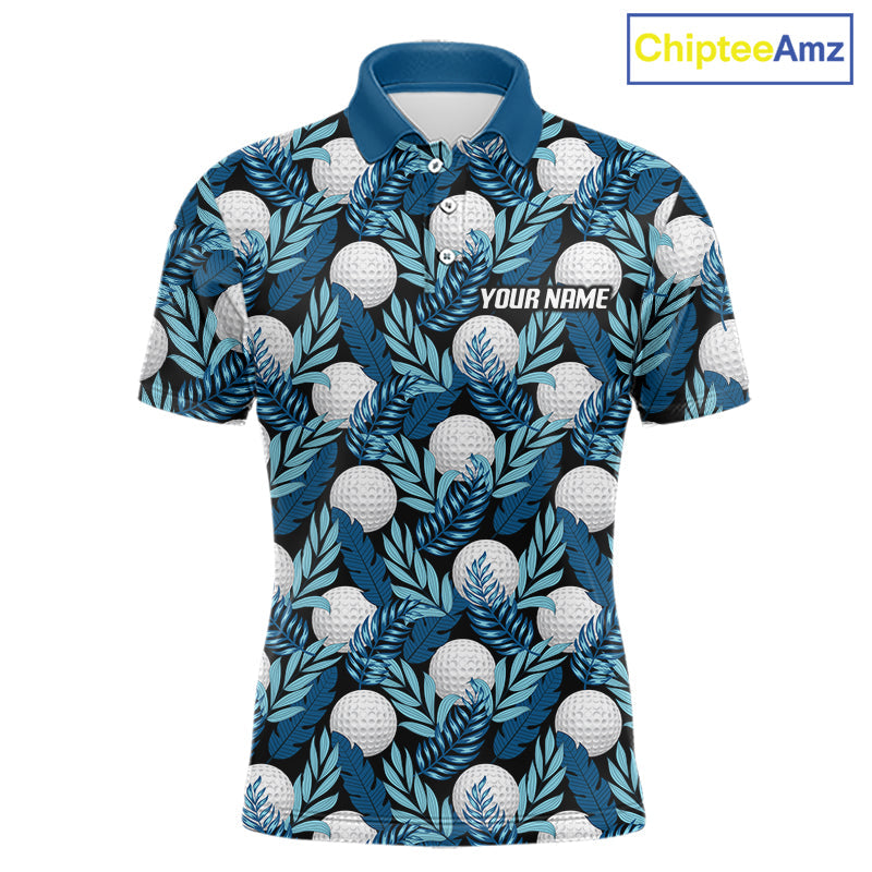 Custom Black Blue Tropical Golf Ball Pattern Polo Golf Shirts, Golf Gifts For Team