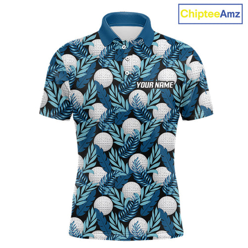 Custom Black Blue Tropical Golf Ball Pattern Polo Golf Shirts, Golf Gifts For Team